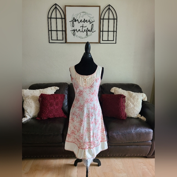 Peruvian Connection Floral Print Shabby Chic Red & Cream Midi Dress Size 2‎ - Picture 9 of 14